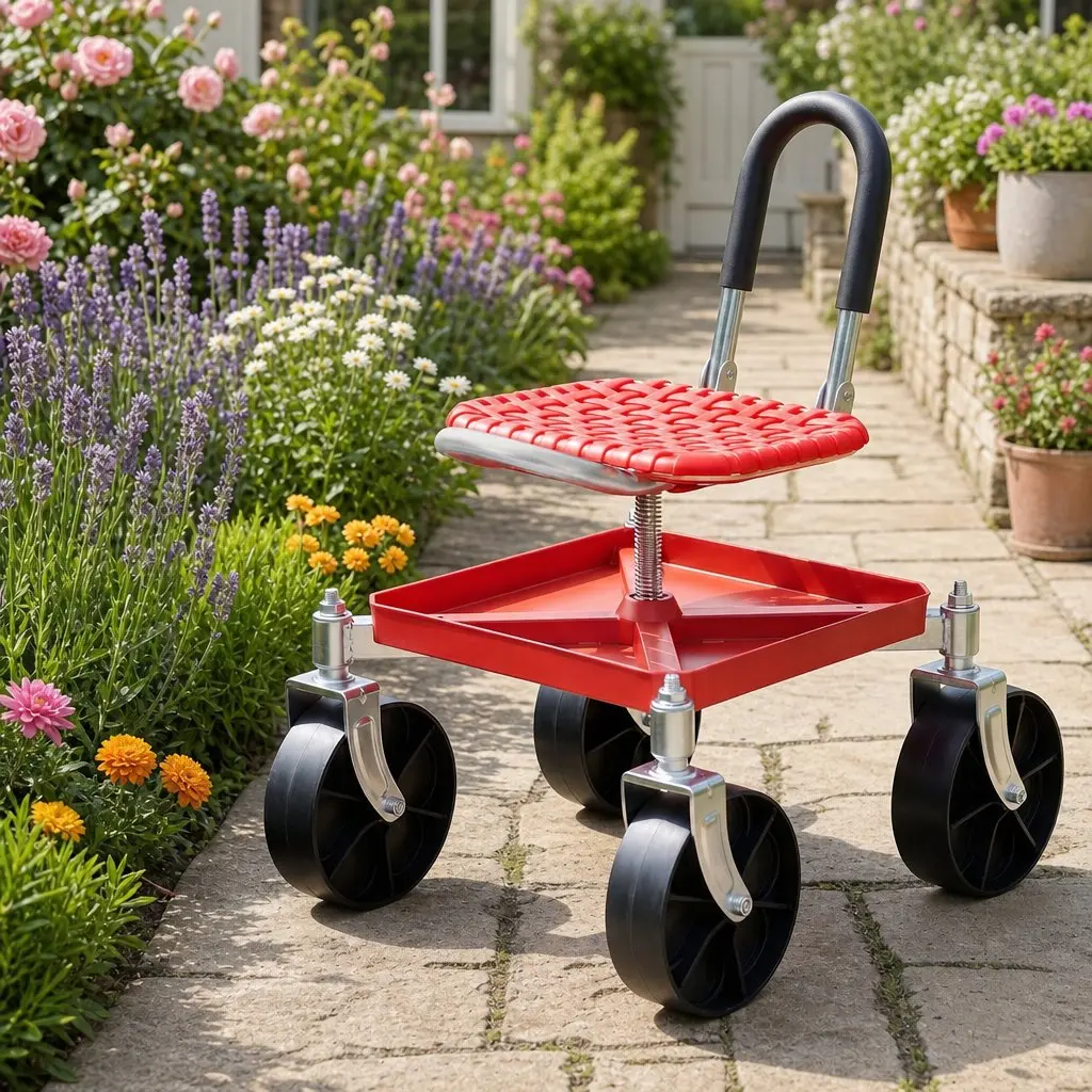 Garden Rolling Stool Seat for Outdoor Work Height Adjustable 360 Swivel Red