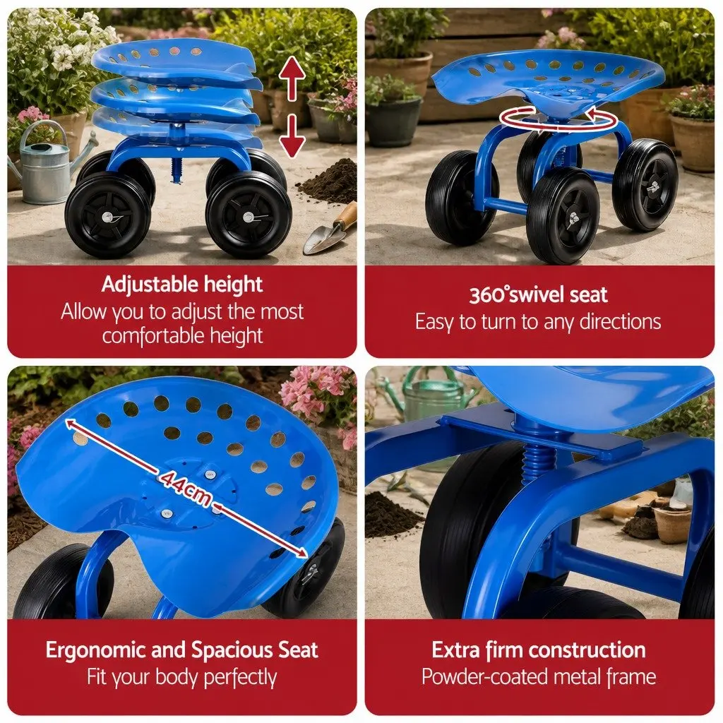 Garden Rolling Seat 360 Swivel Adjustable Height Work Scooter Cart Wheels 150kg