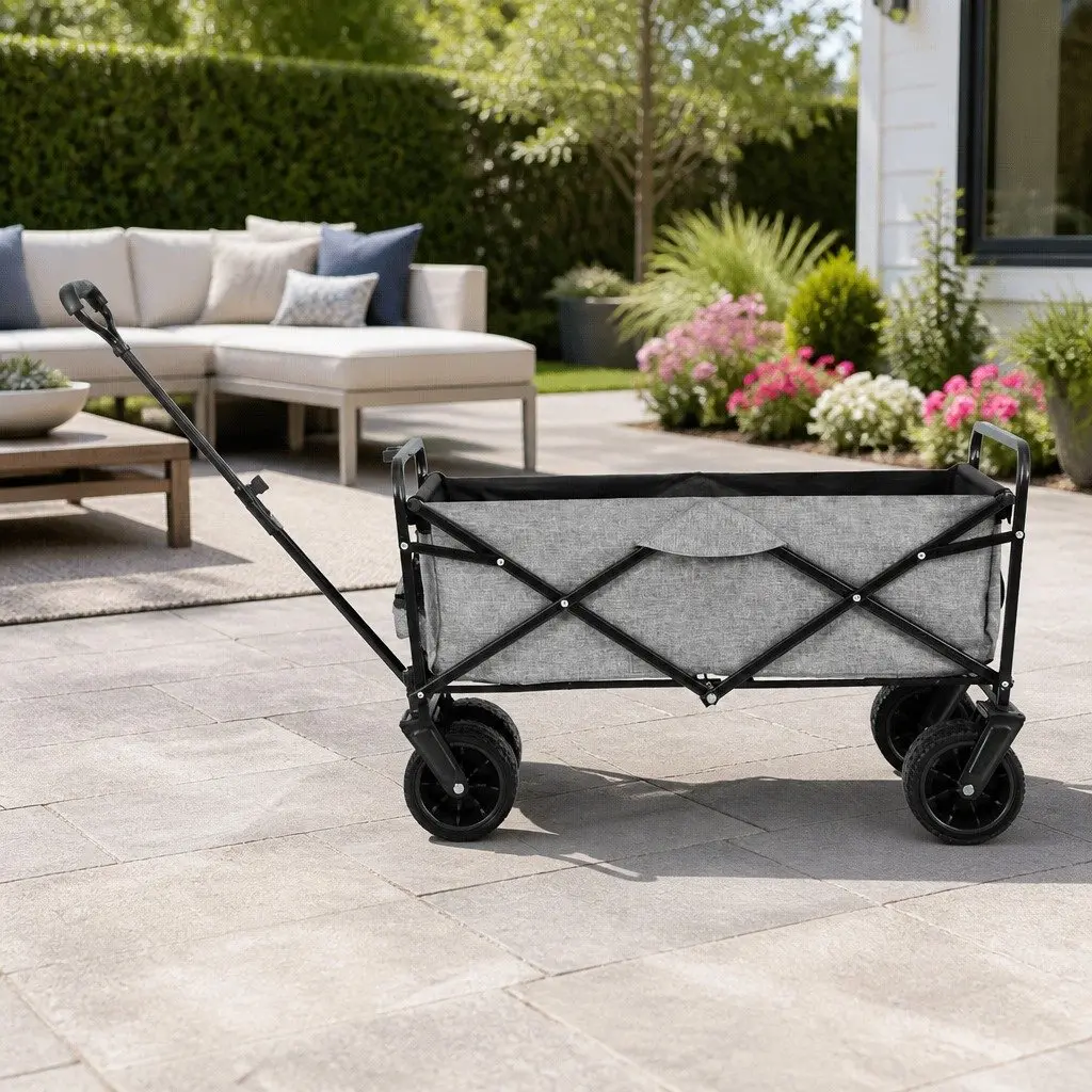 Garden Cart Trolley with Cargo Net Grey Folding Outdoor Storage Heavy Duty