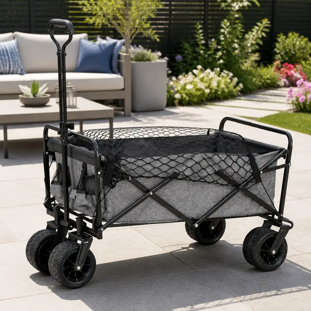 Garden Cart Trolley with Cargo Net Grey Folding Outdoor Storage Heavy Duty