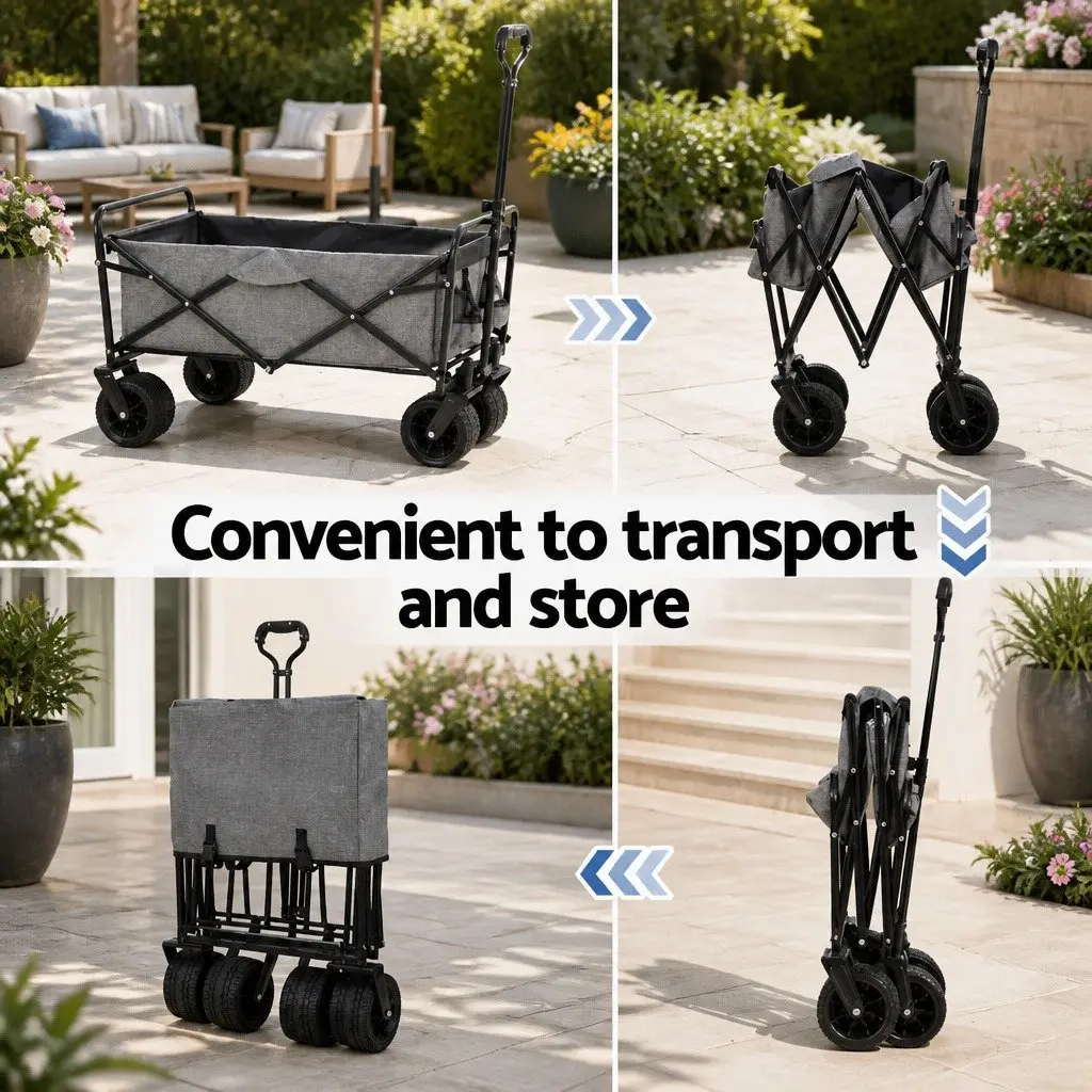 Garden Cart Trolley with Cargo Net Grey Folding Outdoor Storage Heavy Duty
