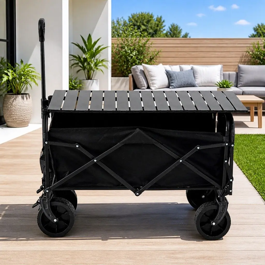 Folding Camping Wagon Utility Cart with Tailgate Table 150L Black Garden