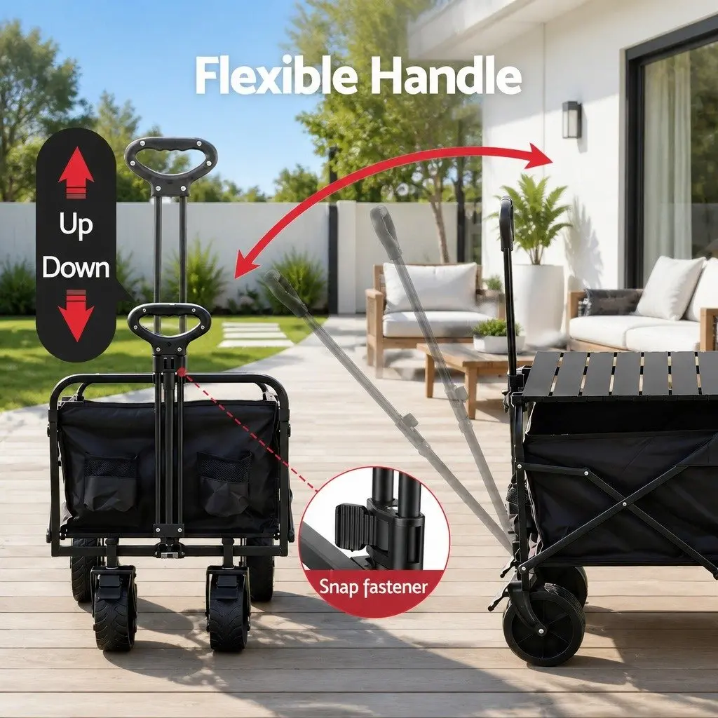 Folding Camping Wagon Utility Cart with Tailgate Table 150L Black Garden
