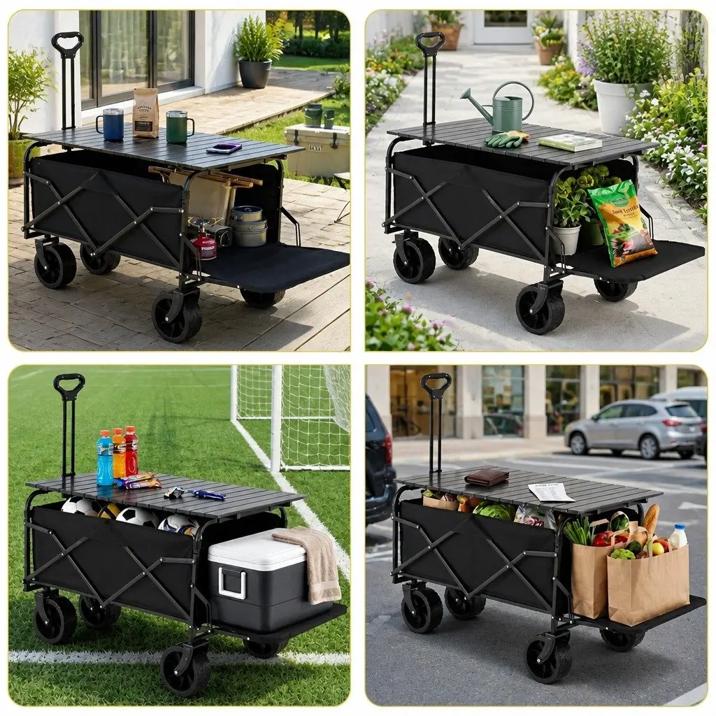 Folding Camping Wagon Utility Cart with Tailgate Table 150L Black Garden