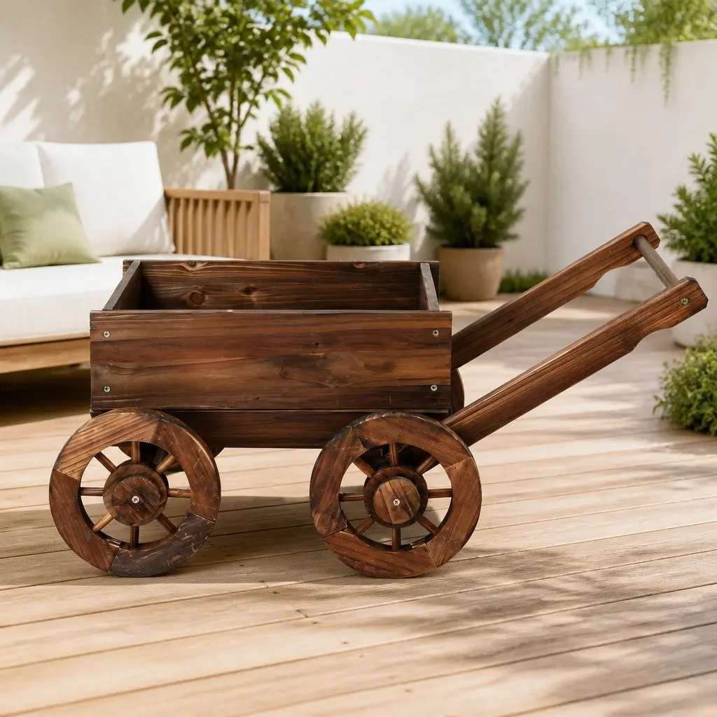 Wooden Planter Cart Garden Flower Display Wagon Four Wheels Plant Stand Outdoor
