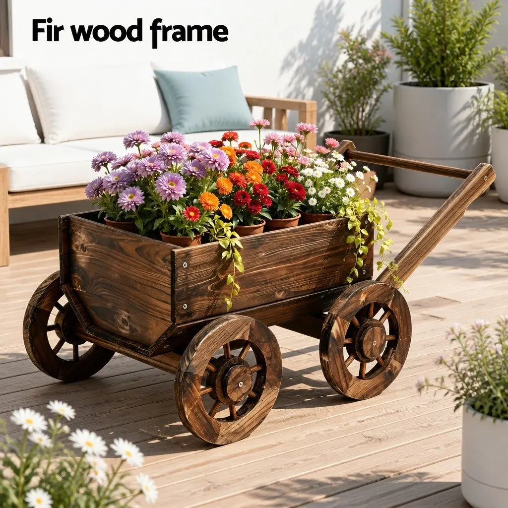 Wooden Planter Cart Garden Flower Display Wagon Four Wheels Plant Stand Outdoor