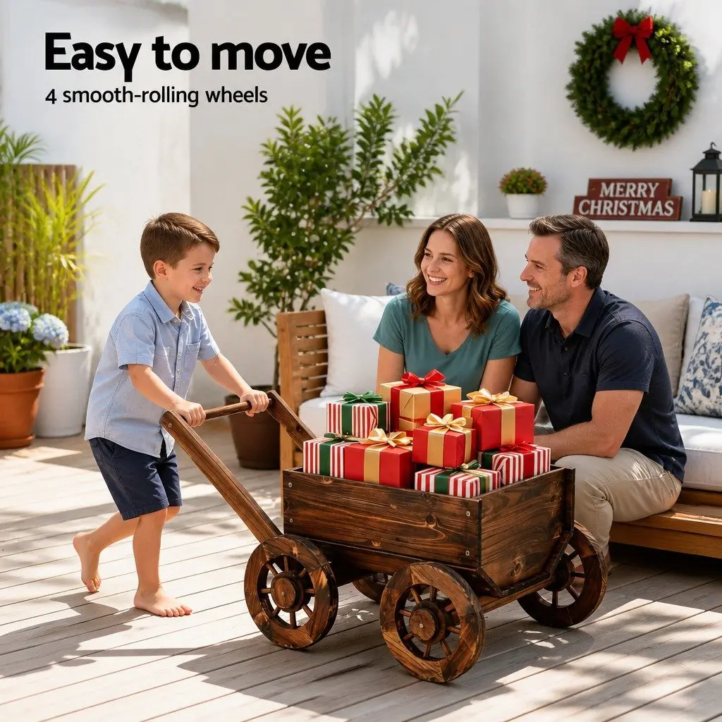 Wooden Planter Cart Garden Flower Display Wagon Four Wheels Plant Stand Outdoor