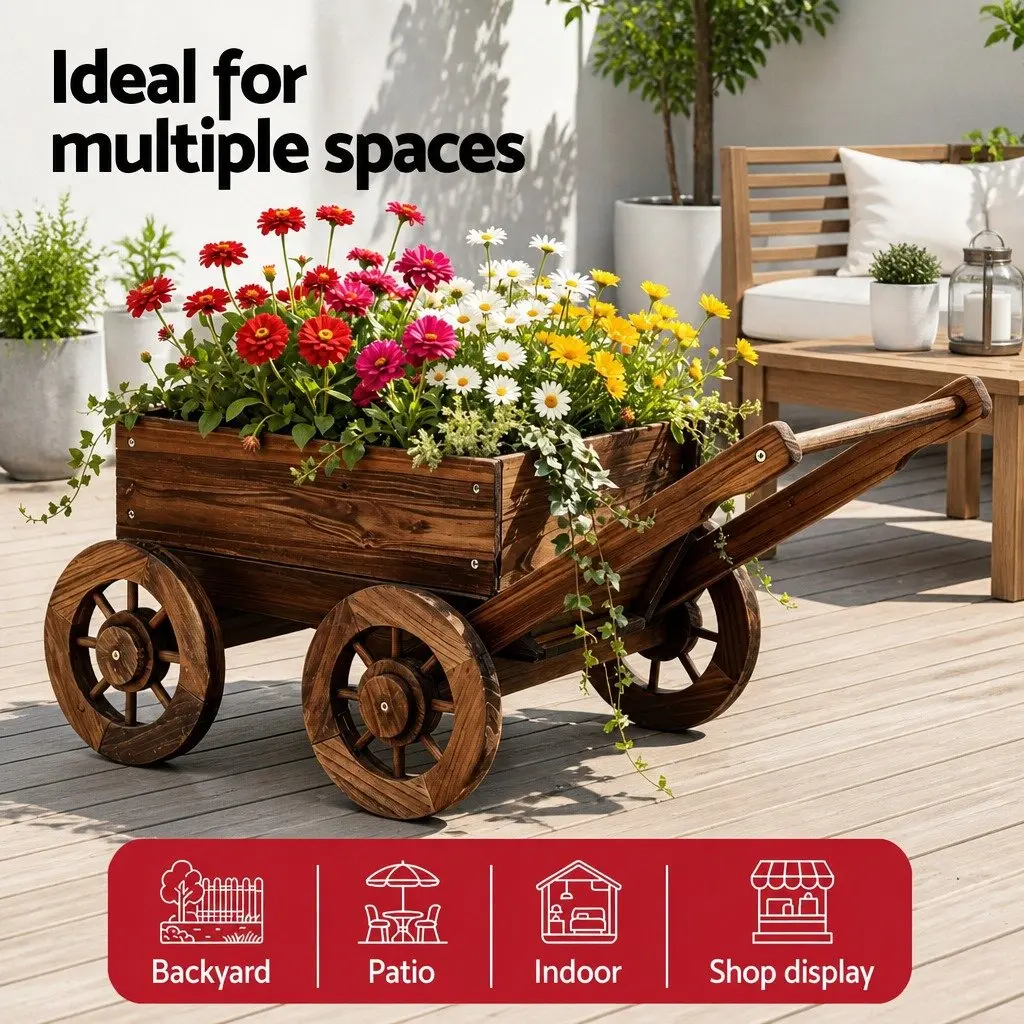 Wooden Planter Cart Garden Flower Display Wagon Four Wheels Plant Stand Outdoor