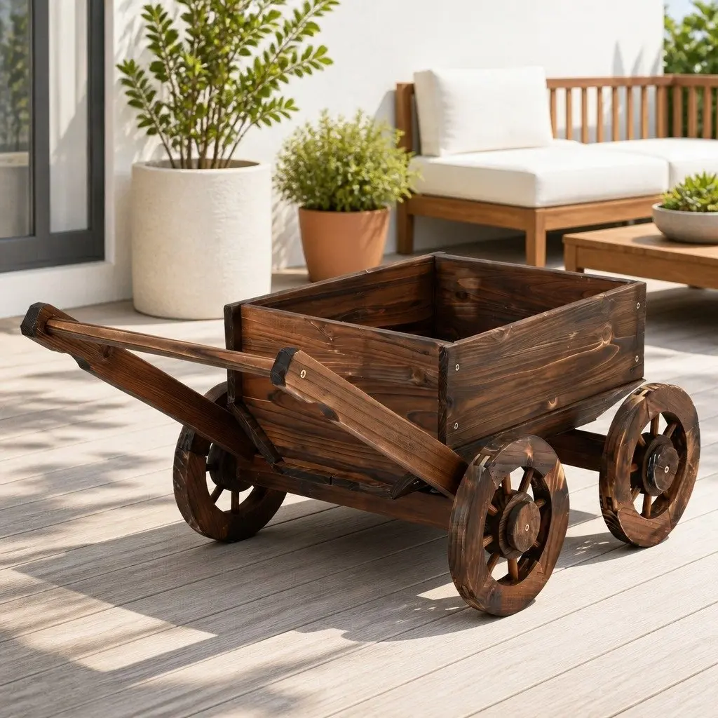 Wooden Planter Cart Garden Flower Display Wagon Four Wheels Plant Stand Outdoor