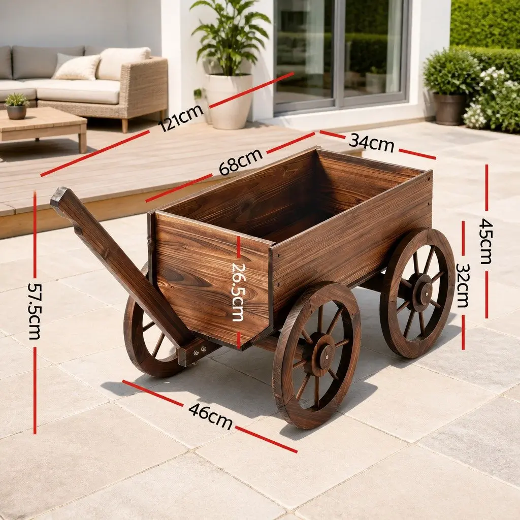 Wooden Planter Cart Garden Flower Wagon Display Stand Four Wheels Outdoor Decor