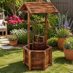 Wooden Wishing Well Garden Ornament Outdoor Decor Hexagonal Base Rustic Style
