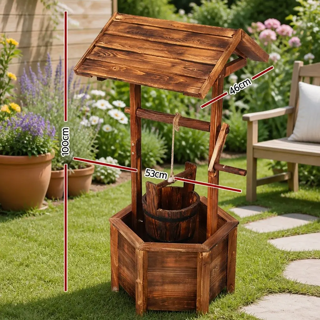 Wooden Wishing Well Garden Ornament Outdoor Decor Hexagonal Base 53 x 46 x 100 cm