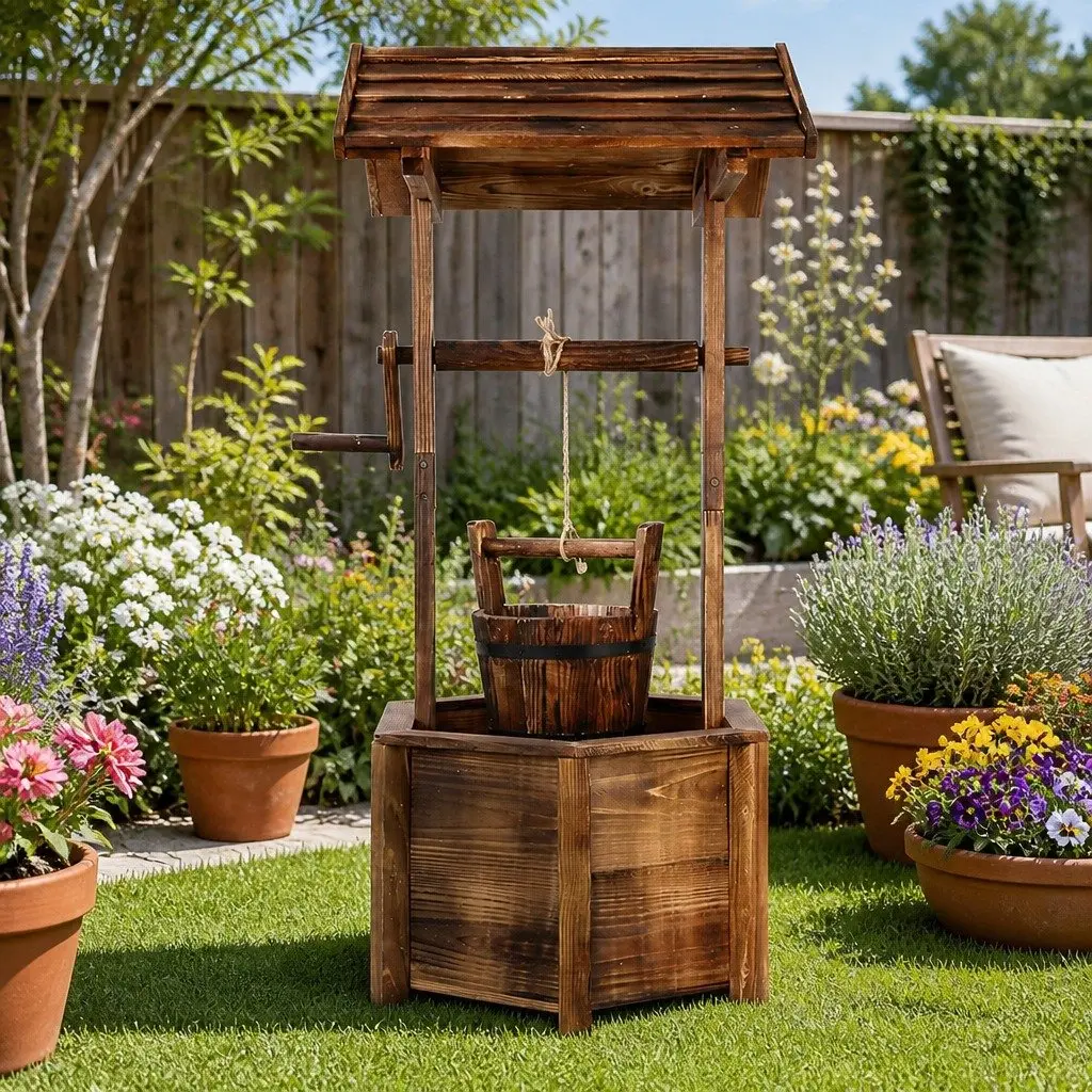 Wooden Wishing Well Garden Ornament Outdoor Decor Hexagonal Base 53 x 46 x 100 cm