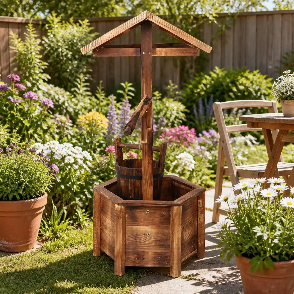Wooden Wishing Well Garden Ornament Outdoor Decor Hexagonal Base 53 x 46 x 100 cm