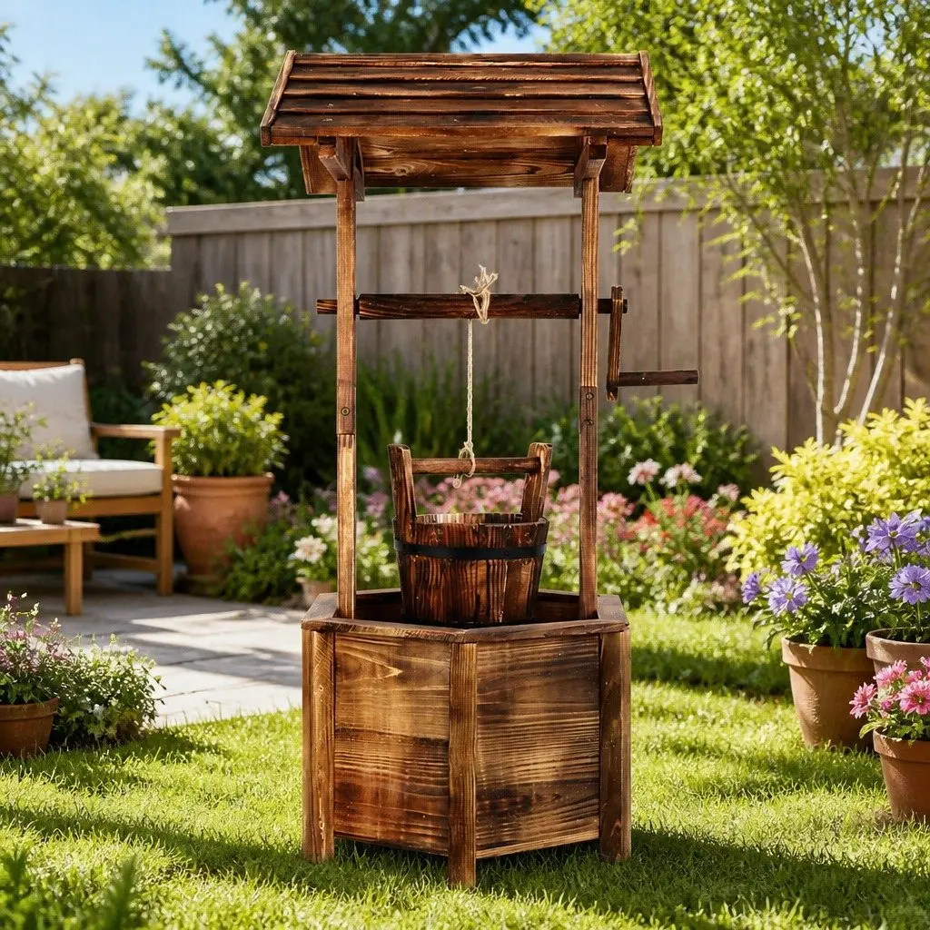 Wooden Wishing Well Garden Ornament Outdoor Decor Hexagonal Base 53 x 46 x 100 cm