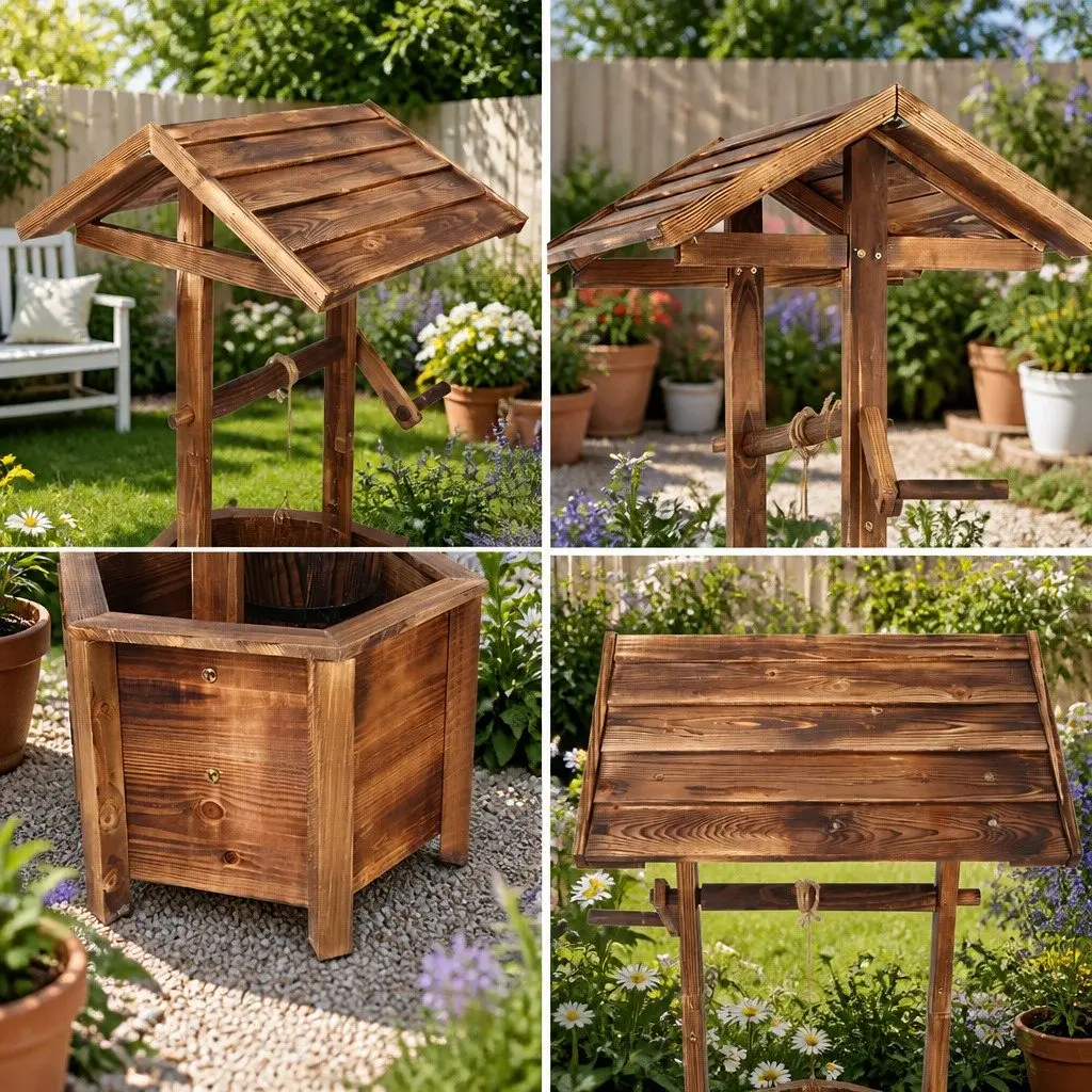 Wooden Wishing Well Garden Ornament Outdoor Decor Hexagonal Base 53 x 46 x 100 cm