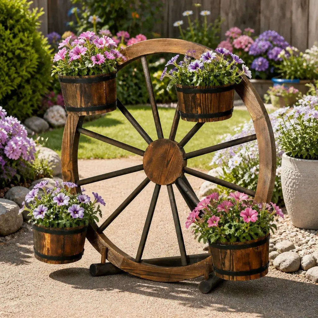 Garden Ornament Wooden Wagon Wheel Plant Stand Outdoor Decor 80cm Rustic