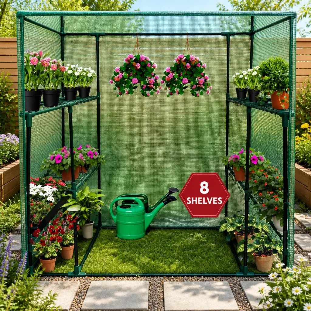 Walk-In Greenhouse for Garden 1.4x1.55x2M with 8 Shelves Portable Plant Shed