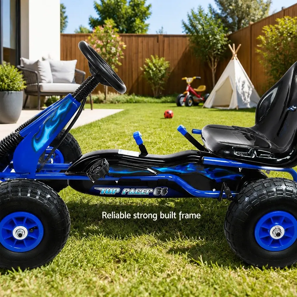 Kids Pedal Go Kart Ride On Car Toy Racing Outdoor Fun Tricycle Blue Rubber Tyre