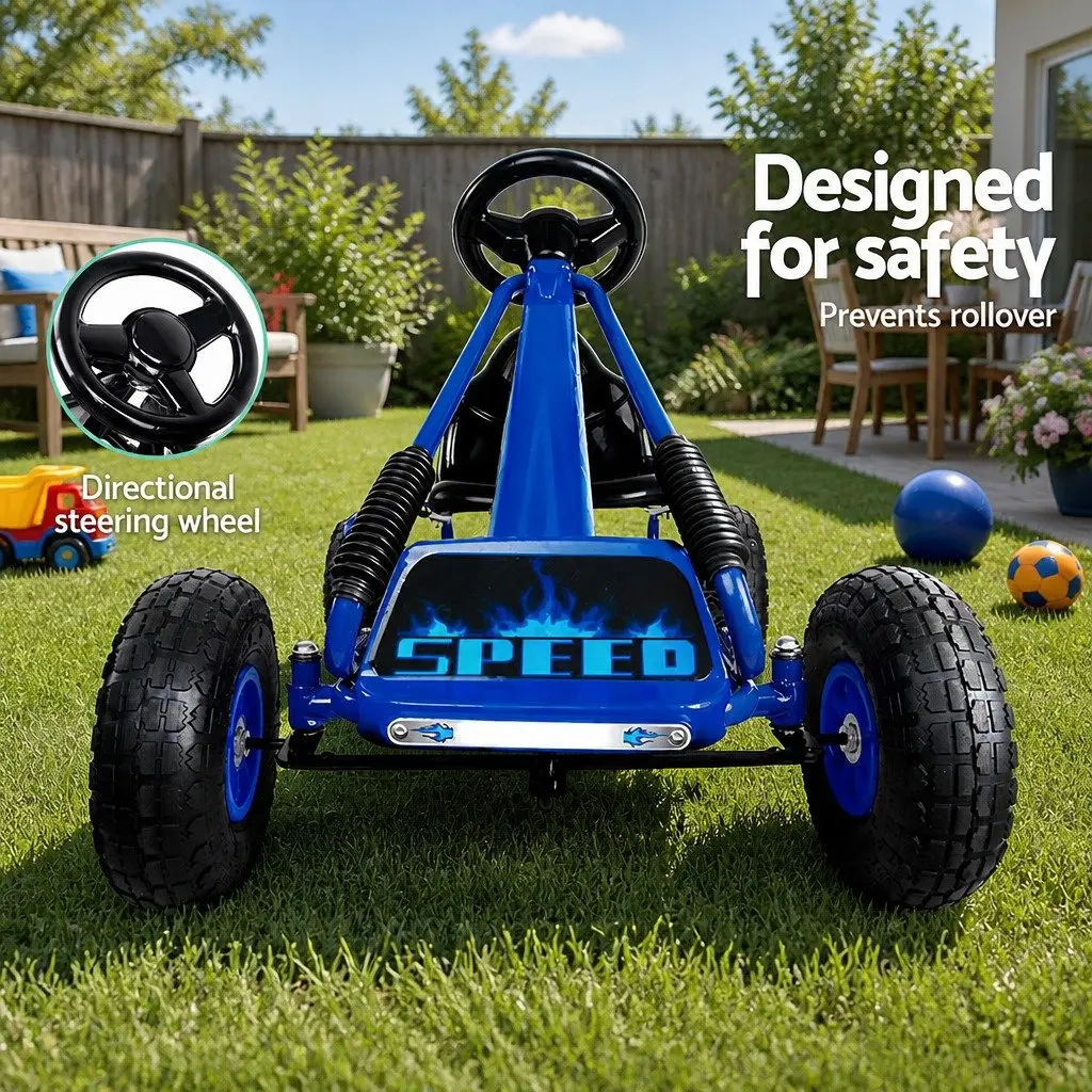 Kids Pedal Go Kart Ride On Car Toy Racing Outdoor Fun Tricycle Blue Rubber Tyre