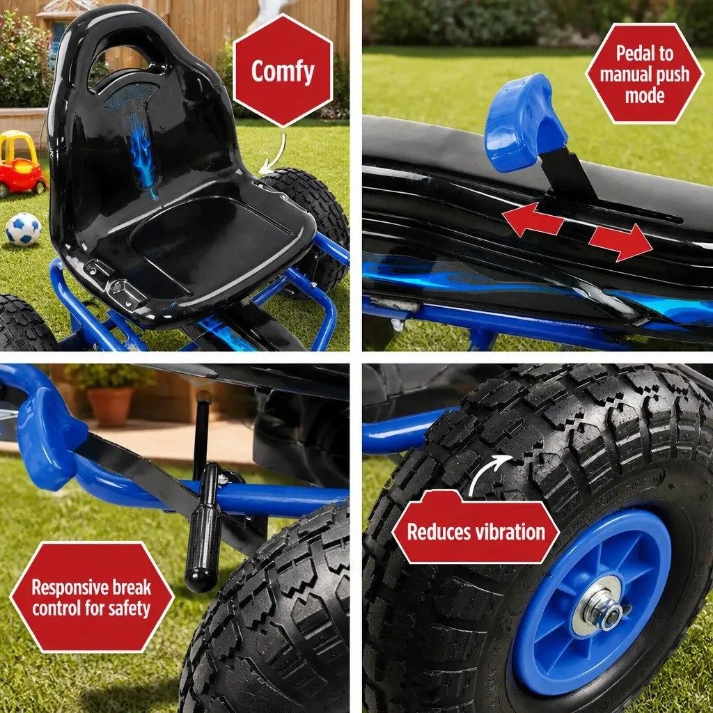 Kids Pedal Go Kart Ride On Car Toy Racing Outdoor Fun Tricycle Blue Rubber Tyre