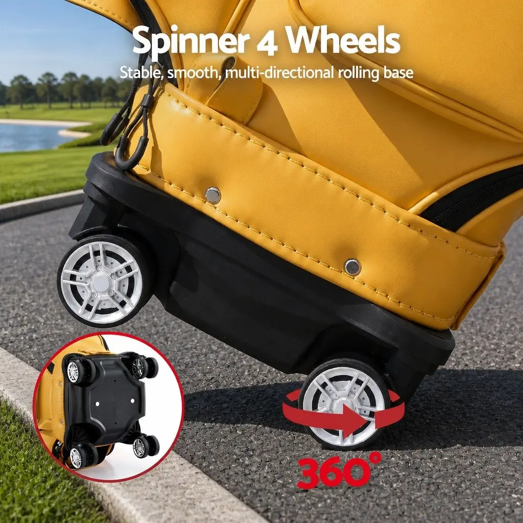 Golf Rolling Cart Bag Organiser with Spinner Wheels Telescopic Handle Yellow