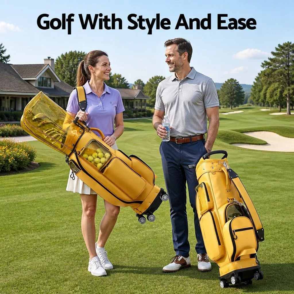 Golf Rolling Cart Bag Organiser with Spinner Wheels Telescopic Handle Yellow