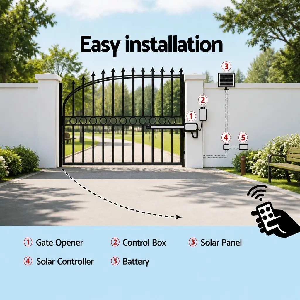 Solar Gate Opener Single Swing 500kg Automatic Control Remote Arm Kit