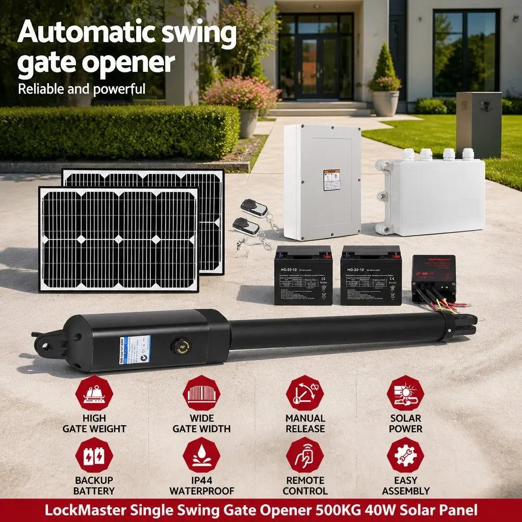 Solar Gate Opener Single Swing for Gates up to 500kg with 40W Solar Panel and Remote Control