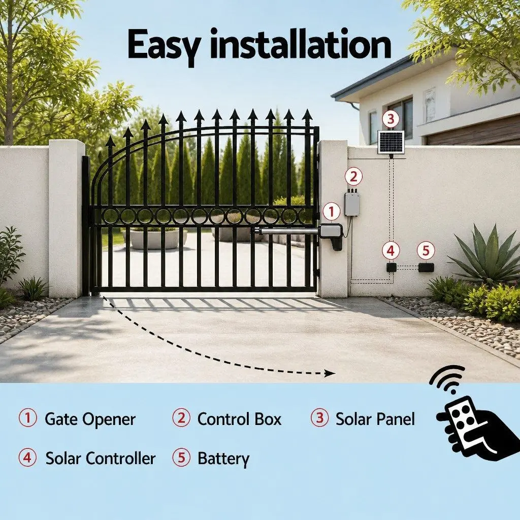Solar Powered Single Swing Gate Opener 500KG 10W Panel Remote Control Automatic