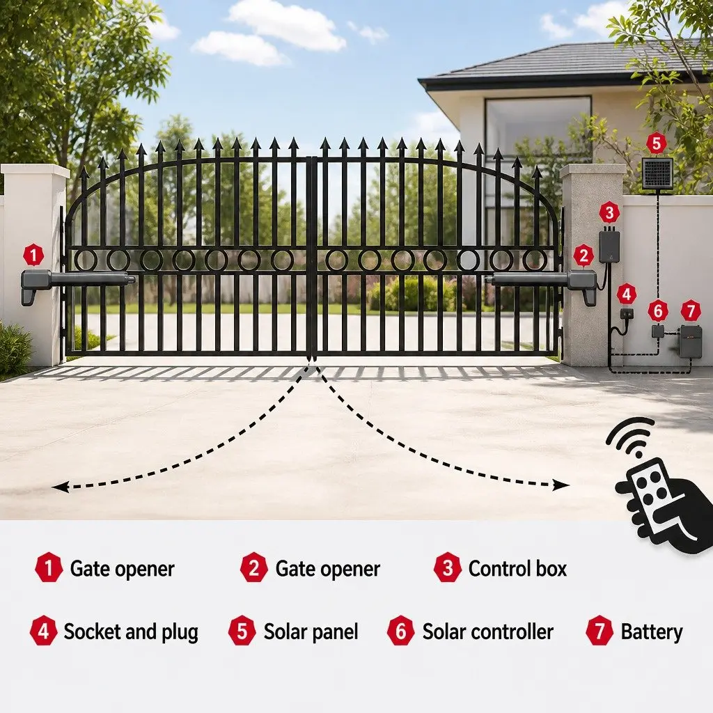 Solar Powered Dual Swing Gate Opener 800kg 20W Panel Remote Control Black