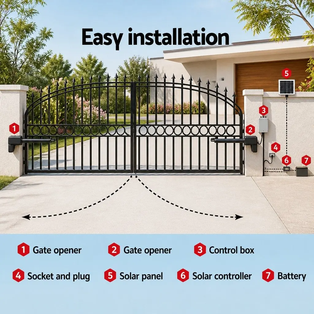 Solar Powered Dual Swing Gate Opener 800kg 40W Panel Remote Control Black