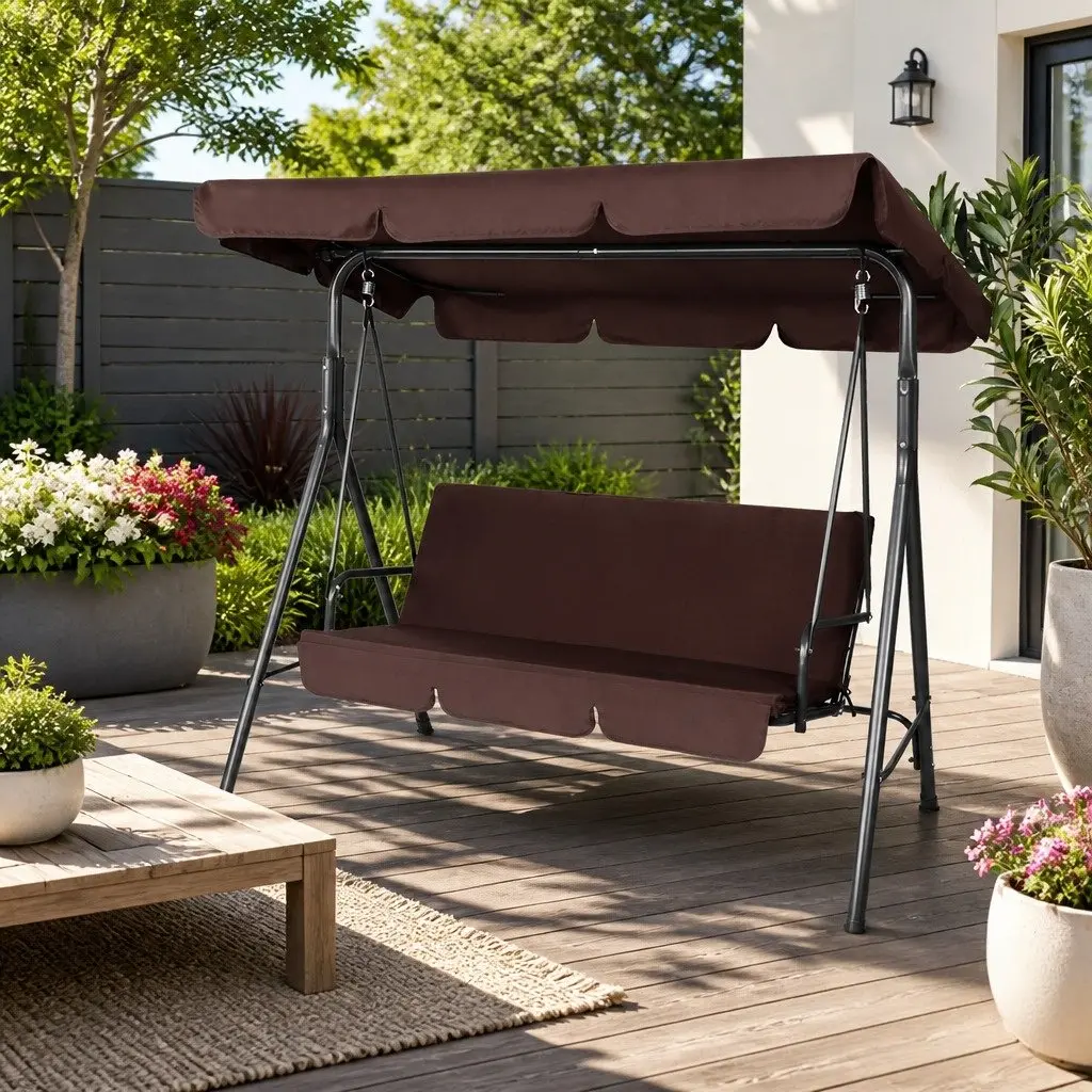 Outdoor Swing Chair Garden Canopy Bench Dark Brown 3 Seater