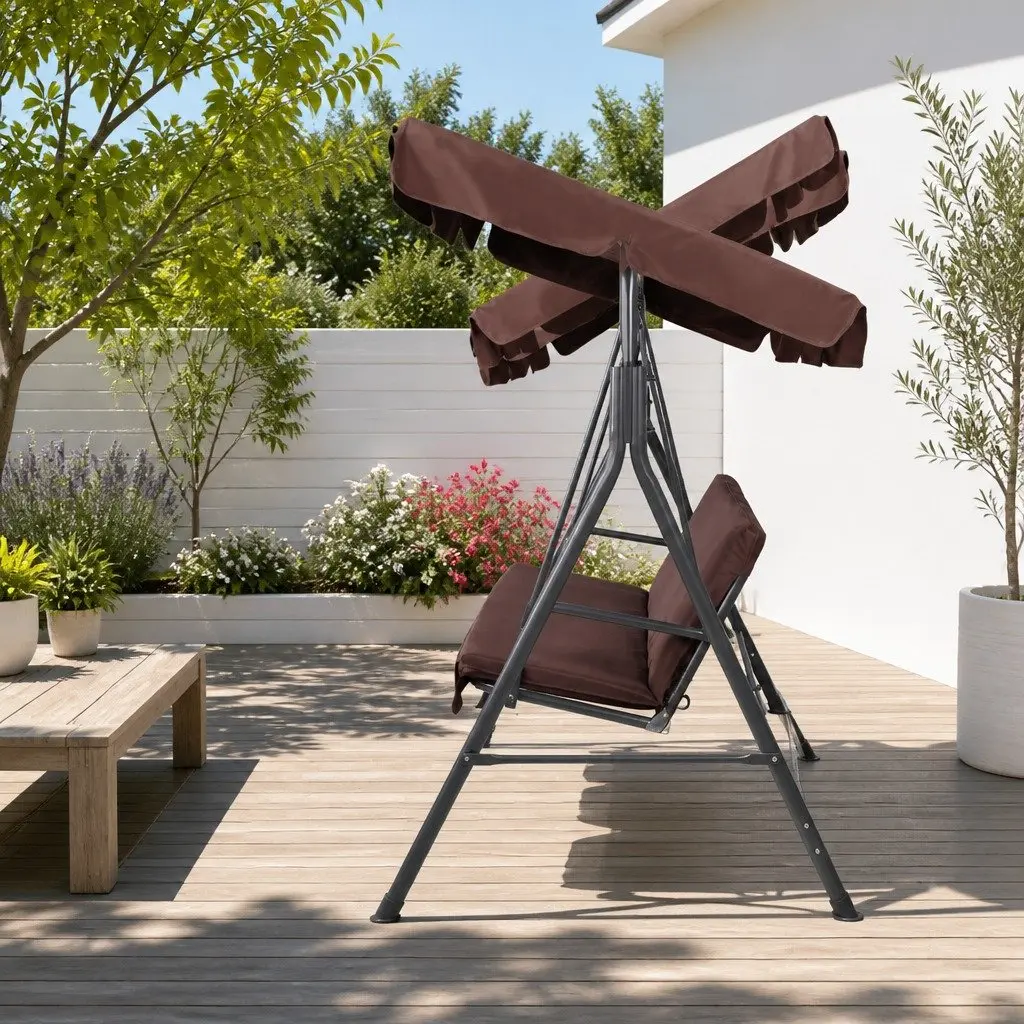 Outdoor Swing Chair Garden Canopy Bench Dark Brown 3 Seater