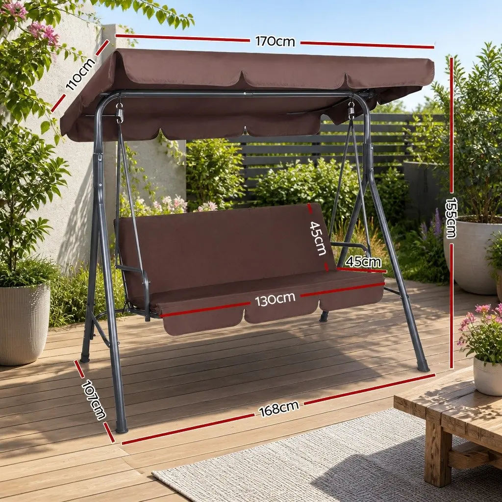 Outdoor Swing Chair Garden Canopy Bench Dark Brown 3 Seater