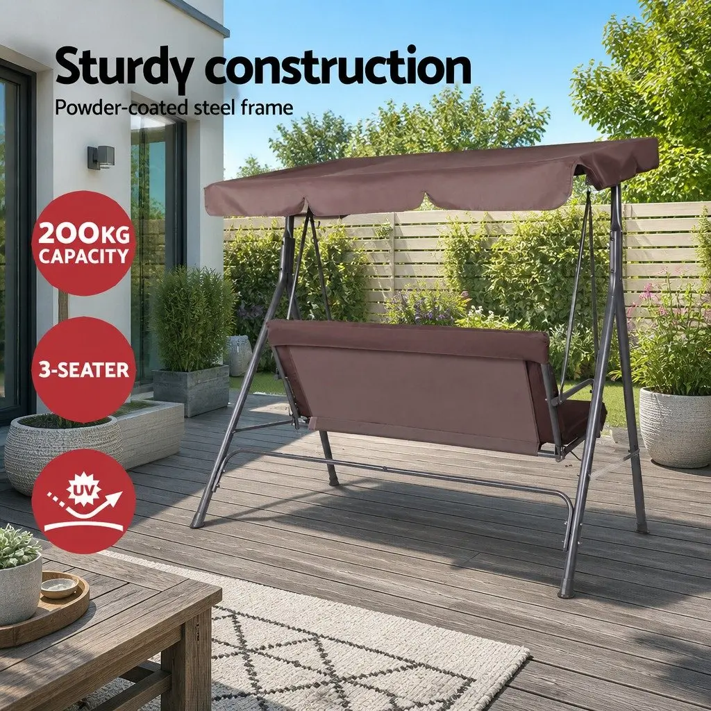 Outdoor Swing Chair Garden Canopy Bench Dark Brown 3 Seater