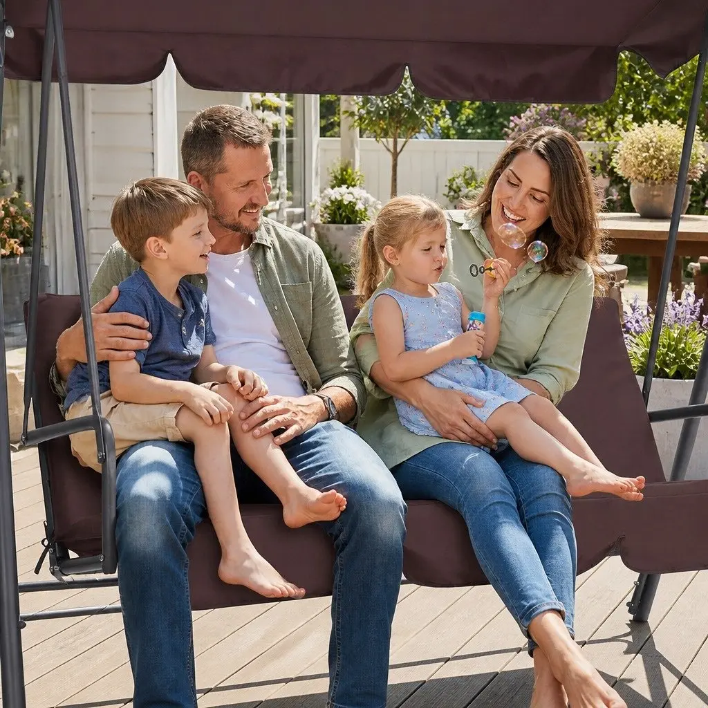 Outdoor Swing Chair Garden Canopy Bench Dark Brown 3 Seater