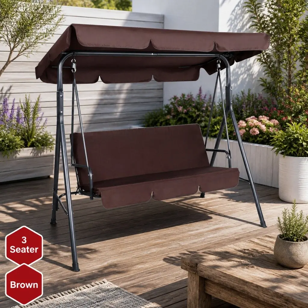 Outdoor Swing Chair Garden Canopy Bench Dark Brown 3 Seater