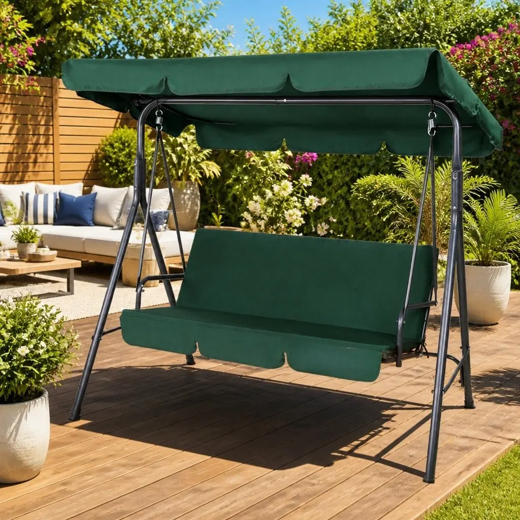 Dark Green 3-Seater Swing Chair with Canopy