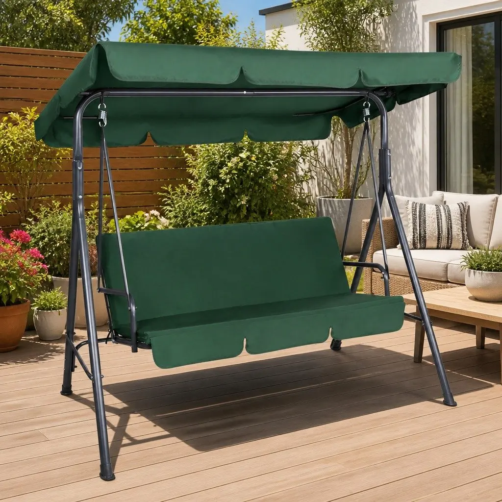 Dark Green 3-Seater Swing Chair with Canopy