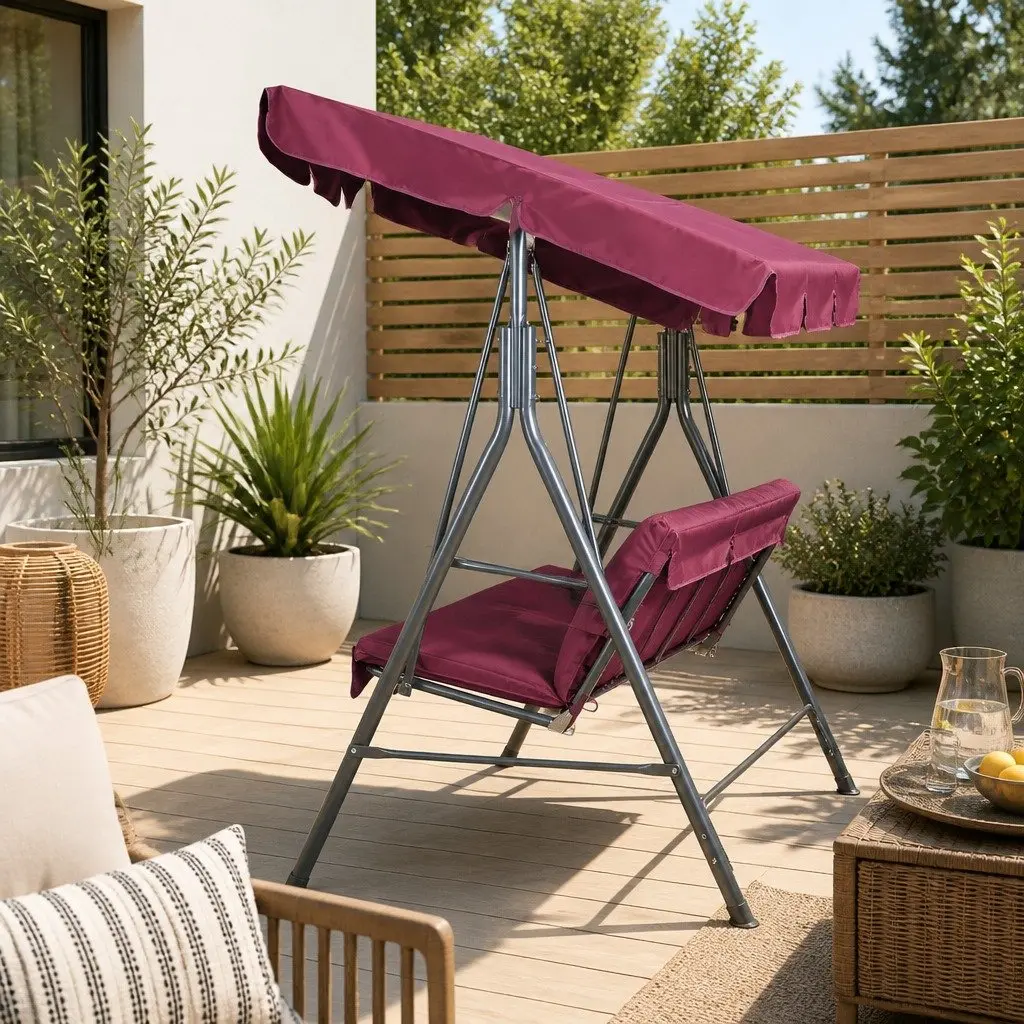 Outdoor Swing Chair 3 Seater Garden Bench Canopy Lounge Wine Red