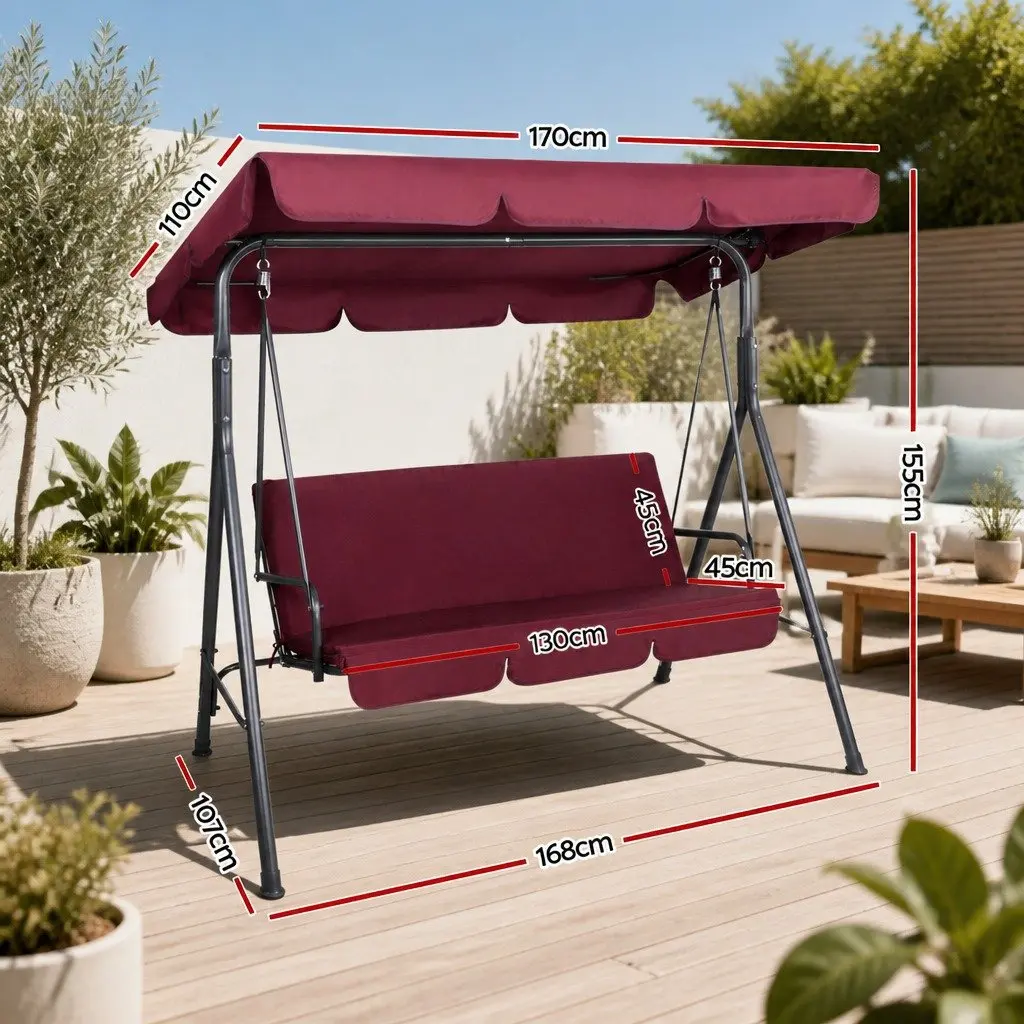 Outdoor Swing Chair 3 Seater Garden Bench Canopy Lounge Wine Red