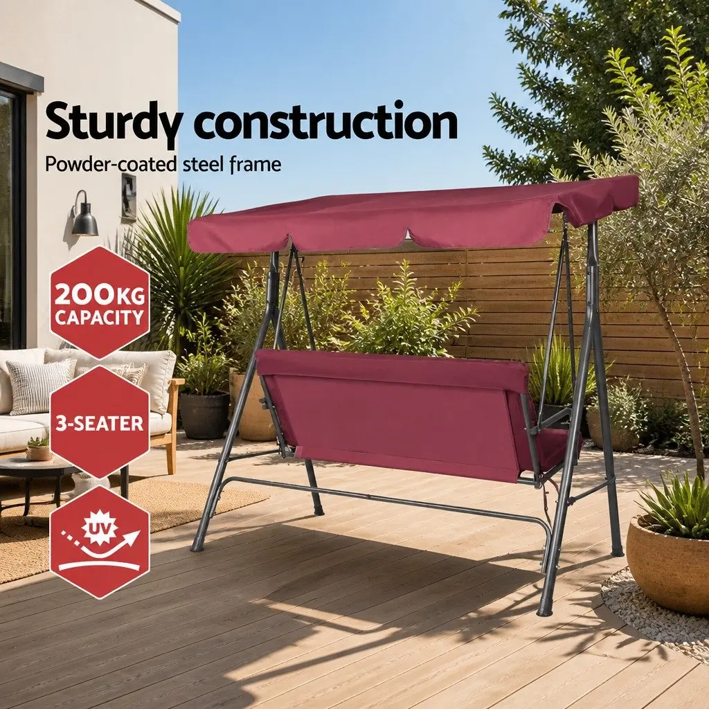 Outdoor Swing Chair 3 Seater Garden Bench Canopy Lounge Wine Red