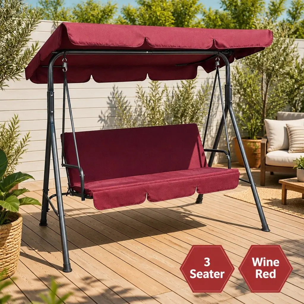 Outdoor Swing Chair 3 Seater Garden Bench Canopy Lounge Wine Red