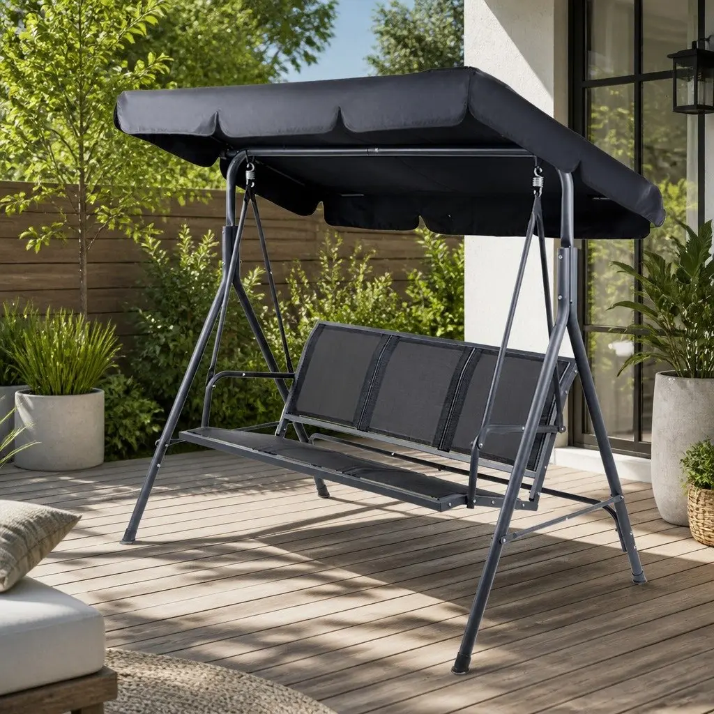 Black Three-Seater Swing Chair with Canopy