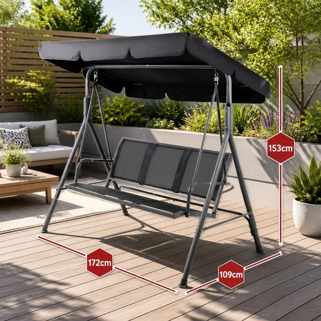 Black Three-Seater Swing Chair with Canopy