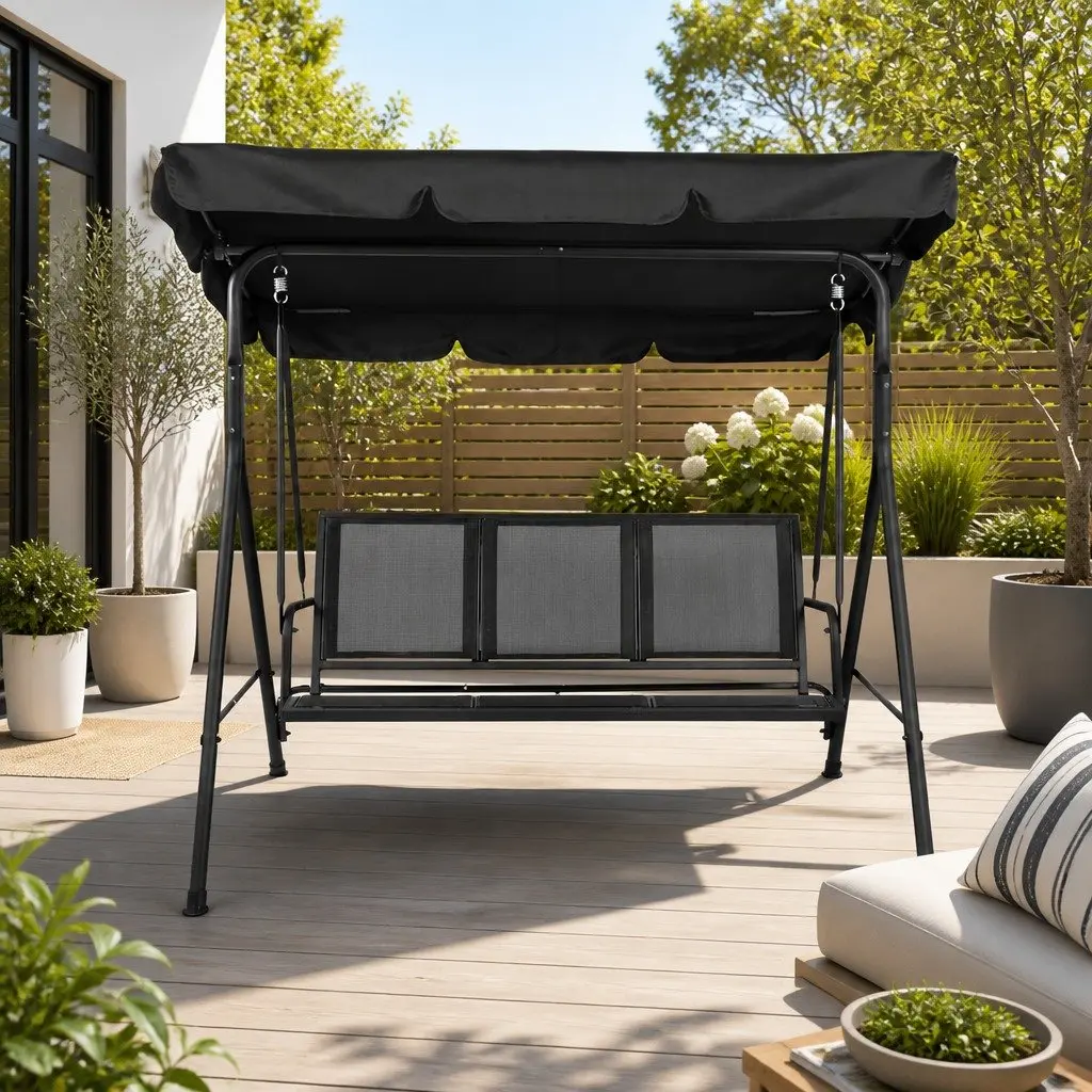 Black Three-Seater Swing Chair with Canopy