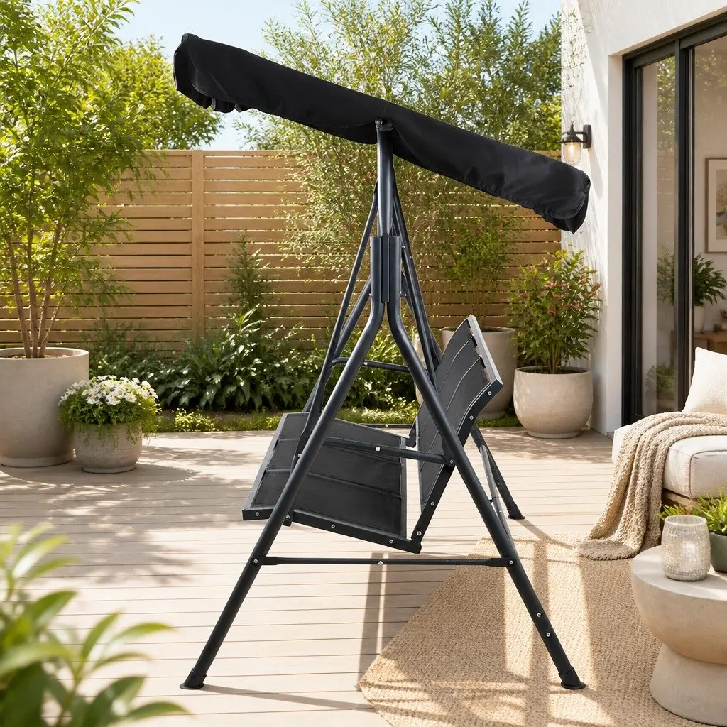 Black Three-Seater Swing Chair with Canopy