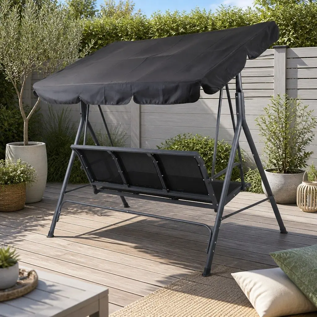 Black Three-Seater Swing Chair with Canopy