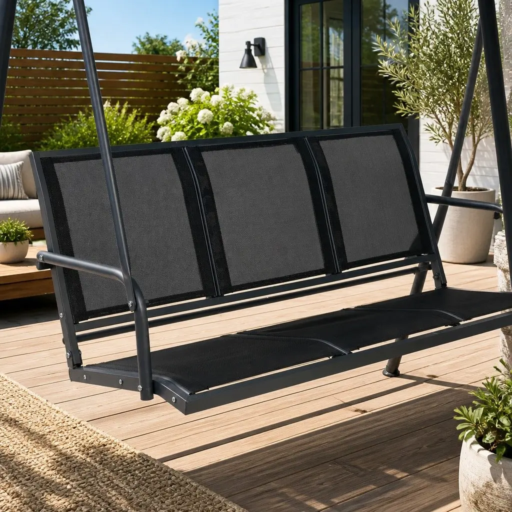 Black Three-Seater Swing Chair with Canopy